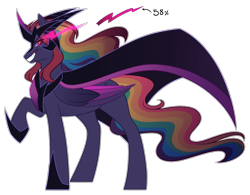 Size: 2359x1844 | Tagged: safe, alternate version, artist:purplegrim40, oc, oc only, alicorn, pony, alicorn oc, cape, clothes, evil grin, grin, hoof shoes, horn, multicolored hair, offspring, parent:king sombra, parent:rainbow dash, parents:sombradash, peytral, rainbow hair, raised hoof, simple background, smiling, solo, sombra eyes, transparent background, wings