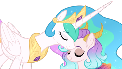 Size: 1280x720 | Tagged: safe, artist:purplegrim40, princess celestia, oc, g4, bust, duo, ethereal mane, eyes closed, female, mare, nuzzling, peytral, simple background, smiling, transparent background