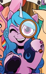 Size: 524x839 | Tagged: safe, artist:trish forstner, edit, idw, hitch trailblazer, izzy moonbow, pipp petals, sunny starscout, zipp storm, earth pony, pony, unicorn, g5, my little pony: a new generation, spoiler:comic, spoiler:g5comic, spoiler:g5comic06, bracelet, comic cover, cropped, female, friendship bracelet, jewelry, looking at you, magnifying glass, male, mane stripe sunny, mare, offscreen character, solo focus, stallion