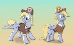 Size: 3083x1949 | Tagged: safe, artist:alumx, derpy hooves, pegasus, pony, g4, female, gradient background, hat, mailmare, mailmare hat, mailmare uniform, mare, one wing out, smiling, solo, wings