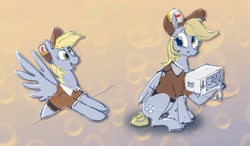 Size: 3020x1764 | Tagged: safe, artist:alumx, derpy hooves, pegasus, pony, g4, cute, derpabetes, female, hat, mailmare, mailmare hat, mailmare uniform, mare, microwave, sitting, smiling, solo, spread wings, wings