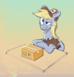 Size: 2127x2216 | Tagged: safe, artist:alumx, derpy hooves, pegasus, pony, g4, box, cardboard box, counter, female, gradient background, hat, high res, mailmare, mailmare hat, mailmare uniform, mare, package, sitting, smiling, solo