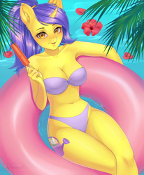 Size: 2880x3500 | Tagged: safe, artist:winnigrette, oc, oc only, oc:tulipan, unicorn, anthro, belly button, bikini, blushing, breasts, clothes, commission, crossed legs, detailed background, digital art, female, floating, floaty, food, high res, holding, horn, ice cream, inner tube, looking at you, ocean, open mouth, palm tree, ponytail, popsicle, purple bikini, relaxing, solo, swimsuit, thighs, tree, unicorn oc, water, ych result