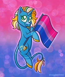 Size: 1732x2048 | Tagged: safe, artist:saggiemimms, oc, oc only, pony, unicorn, abstract background, bisexual pride flag, leonine tail, pride, pride flag, solo, tail