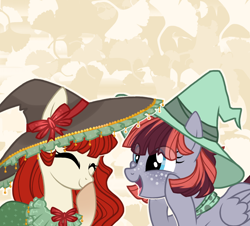 Size: 1474x1334 | Tagged: safe, artist:shore2020, oc, oc only, earth pony, pegasus, pony, duo, female, hat, mare, smiling, squee, witch hat