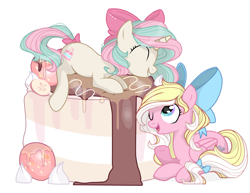 Size: 3723x2871 | Tagged: safe, artist:shore2020, oc, oc only, oc:bay breeze, oc:mirabelle, pegasus, pony, unicorn, bow, cake, duo, female, food, grin, hair bow, high res, mare, open mouth, open smile, simple background, smiling, tail, tail bow, white background