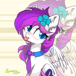 Size: 3110x3127 | Tagged: safe, artist:shore2020, oc, oc only, oc:lavanda, pegasus, pony, :p, blushing, flower, flower in hair, high res, necktie, pegasus oc, solo, tongue out, zoom layer