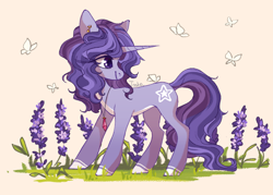 Size: 2100x1500 | Tagged: safe, artist:shore2020, oc, oc only, butterfly, pony, unicorn, crystal, ear piercing, horn, jewelry, lavender, pendant, piercing, solo, unicorn oc
