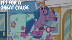 Size: 1280x720 | Tagged: safe, edit, edited screencap, editor:quoterific, screencap, izzy moonbow, pony, unicorn, dumpster diving, g5, my little pony: tell your tale, spoiler:g5, spoiler:my little pony: tell your tale, spoiler:tyts01e13, :o, bipedal, cute, female, helmet, izzybetes, mare, motorcycle, open mouth, solo, text