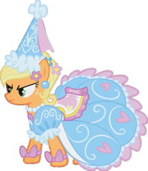 Size: 831x962 | Tagged: safe, applejack, earth pony, pony, g4, look before you sleep, angry, applejack is not amused, bow, clothes, dress, ear piercing, female, flower, flower in hair, froufrou glittery lacy outfit, glare, hat, hennin, jewelry, looking at someone, mare, necklace, piercing, princess, princess applejack, simple background, solo, transparent background, unamused, unimpressed
