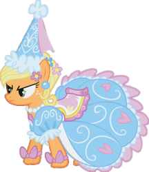 Size: 831x962 | Tagged: safe, applejack, earth pony, pony, g4, look before you sleep, angry, applejack is not amused, bow, clothes, dress, ear piercing, female, flower, flower in hair, froufrou glittery lacy outfit, glare, hat, hennin, jewelry, looking at someone, mare, necklace, piercing, princess, princess applejack, puffy sleeves, simple background, solo, transparent background, unamused, unimpressed