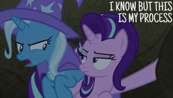 Size: 1280x720 | Tagged: safe, edit, edited screencap, editor:quoterific, screencap, starlight glimmer, trixie, pony, unicorn, g4, season 7, to change a changeling, brooch, cape, clothes, duo, female, hat, jewelry, mare, open mouth, text, trixie's brooch, trixie's cape, trixie's hat