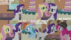 Size: 1280x720 | Tagged: safe, edit, edited screencap, editor:quoterific, screencap, fluttershy, pinkie pie, rainbow dash, rarity, earth pony, pegasus, pony, unicorn, g4, mmmystery on the friendship express, season 2, cake, female, flying, food, friendship express, mare, open mouth, open smile, smiling, spread wings, text, train, wings