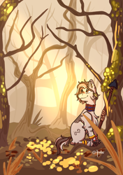 Size: 1390x1972 | Tagged: safe, artist:arielbei, oc, oc:nishati, zebra, brown eyes, dead tree, forest, jewelry, shrub, signature, sitting, smiling, solo, spear, sun, tail, tree, two toned mane, two toned tail, weapon