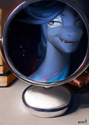 Size: 2070x2912 | Tagged: safe, artist:khvorost162, oc, pony, female, high res, makeup, mirror, smiling, solo