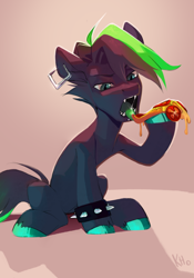 Size: 1284x1833 | Tagged: safe, artist:khvorost162, oc, oc only, earth pony, pony, ear piercing, eating, fangs, food, piercing, pizza, solo, spiked wristband, tongue out, wristband