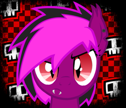 Size: 581x498 | Tagged: safe, artist:xxv4mp_g4z3rxx, oc, oc only, oc:violet valium, bat pony, base used, bat pony oc, bust, checkered background, cutie mark background, ear piercing, emo, fangs, female, looking at you, mare, piercing, portrait, purple coat, red eyes, skull, slit pupils, solo, two toned mane