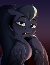 Size: 1537x2011 | Tagged: safe, artist:luxsimx, oc, oc only, oc:arkessa, pegasus, pony, eyebrows, eyebrows visible through hair, fangs, female, gradient background, lip piercing, looking at you, mare, open mouth, pegasus oc, piercing, snake bites, solo, teeth