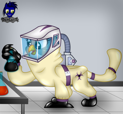 Size: 4154x3840 | Tagged: safe, artist:damlanil, gabby, griffon, g4, clothes, commission, cute, damlanil's lab, female, flask, gloves, hazmat suit, helmet, laboratory, latex, latex gloves, latex suit, rubber, shiny, shoes, show accurate, solo, suit, vector, wings
