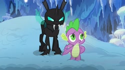 Size: 1920x1080 | Tagged: safe, screencap, spike, thorax, changeling, dragon, g4, season 6, the times they are a changeling, 1080p, angry, appearance, duo, duo male, fangs, male, narrowed eyes, surprise motherfucker