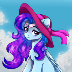 Size: 1080x1080 | Tagged: safe, artist:stesha, oc, oc only, oc:nebula dusk, pegasus, pony, blushing, bust, chest fluff, circlet, cloud, commission, crystalline hair, cute, female, folded wings, gradient mane, hat, looking away, mare, sitting, sky, sky background, smiling, solo, wings, ych result
