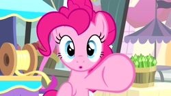 Size: 1920x1080 | Tagged: safe, screencap, pinkie pie, earth pony, pony, g4, pinkie pride, season 4, 1080p, :o, female, looking at you, mare, open mouth, pointing at you, solo, underhoof, you