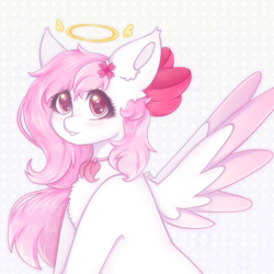Size: 2040x2040 | Tagged: safe, artist:saltyvity, oc, angel, pegasus, pony, blushing, bow, commission, cute, ear fluff, embarrassed, flower, flower in hair, fluffy, hair bow, halo, happy, high res, pink eyes, pink mane, solo, sparkles, white body