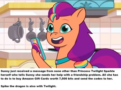 Size: 960x714 | Tagged: safe, edit, edited screencap, screencap, sunny starscout, earth pony, pony, g5, my little pony: tell your tale, sunny-day dinners, spoiler:g5, spoiler:my little pony: tell your tale, spoiler:tyts01e10, calling, cellphone, female, implied spike, implied twilight sparkle, mane stripe sunny, mare, open mouth, open smile, phone, ponestrip, scam, seems legit, smartphone, smiling, solo, this will not end well