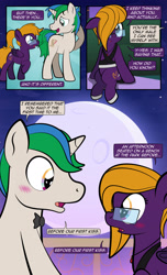 Size: 1920x3168 | Tagged: safe, artist:alexdti, oc, oc only, oc:purple creativity, oc:star logic, pegasus, pony, unicorn, comic:quest for friendship, blushing, bowtie, comic, dialogue, duo, duo male and female, ears back, eye contact, female, folded wings, glasses, hair over one eye, high res, hooves, horn, looking at each other, looking at someone, male, mare, moon, night, oc x oc, open mouth, open smile, outdoors, pegasus oc, rainbow of harmony, raised hoof, shipping, sitting, smiling, speech bubble, stallion, standing, tail, two toned mane, two toned tail, unicorn oc, wings