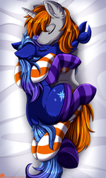 Size: 2051x3409 | Tagged: safe, artist:pridark, oc, oc only, oc:disterious, oc:polaris starshine, pony, unicorn, clothes, cuddling, cute, duo, eyes closed, female, high res, horn, hug, male, mare, patreon, patreon logo, patreon reward, simple background, snuggling, socks, stallion, striped socks, unicorn oc