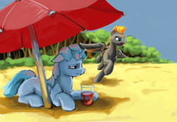 Size: 1600x1100 | Tagged: safe, artist:da-exile, oc, oc only, pegasus, pony, unicorn, atg 2016, beach, beach umbrella, female, lying down, mare, newbie artist training grounds, prone