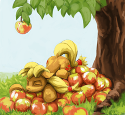 Size: 1432x1310 | Tagged: safe, artist:da-exile, applejack, earth pony, pony, g4, apple, apple tree, atg 2016, food, newbie artist training grounds, solo, that pony sure does love apples, tree