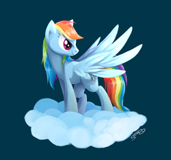 Size: 693x648 | Tagged: safe, artist:serra20, rainbow dash, pegasus, pony, g4, backwards cutie mark, cloud, digital painting, lineless, simple background, solo