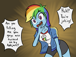 Size: 1439x1080 | Tagged: safe, artist:happy harvey, rainbow dash, human, equestria girls, g4, clothes, cutie mark on clothes, dialogue, drawthread, female, implied applejack, jacket, meme, open mouth, phone drawing, ponified meme, shirt, solo, spandex, tomboy