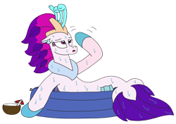 Size: 3096x2184 | Tagged: safe, artist:supahdonarudo, queen novo, seapony (g4), g4, my little pony: the movie, atg 2022, cocktail umbrella, coconut cup, exhausted, fanning, high res, hot, kiddie pool, newbie artist training grounds, simple background, solo, sweat, swimming pool, transparent background