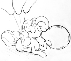 Size: 2763x2377 | Tagged: safe, artist:mizhisha, pinkie pie, earth pony, pony, g4, balloon, black and white, blowing up balloons, eyes closed, female, grayscale, high res, mare, monochrome, sketch, solo, that pony sure does love balloons