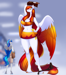 Size: 2149x2416 | Tagged: safe, artist:scarlet-spectrum, oc, oc:diamond sun, oc:hawker hurricane, pegasus, anthro, unguligrade anthro, bag, big breasts, breasts, cleavage, clothes, colored wings, commission, duo, female, giantess, grandfather clock, hawkmond, high res, larger female, long hair, long mane, long tail, macro, male, shopping bag, size difference, stallion, tail, two toned wings, wings