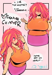 Size: 1400x2000 | Tagged: safe, artist:sozglitch, sunset shimmer, human, g4, alternate hairstyle, big breasts, breasts, busty sunset shimmer, chubby, clothes, dialogue, female, grin, hair over eyes, hair over one eye, heart, humanized, plump, smiling, speech bubble