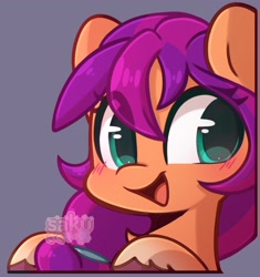 Size: 1924x2048 | Tagged: safe, alternate version, artist:sakukitty, sunny starscout, earth pony, pony, g5, blushing, cute, eye clipping through hair, female, gray background, hooves on the table, looking at you, mare, open mouth, simple background, smiling, solo, sunnybetes, unshorn fetlocks, watermark
