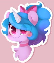 Size: 1284x1489 | Tagged: safe, artist:sakukitty, izzy moonbow, pony, unicorn, g5, alternate hairstyle, blushing, bow, bust, chest fluff, choker, eye clipping through hair, female, hair bow, horn, mare, outline, portrait, simple background, solo, stars, watermark