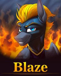 Size: 1920x2407 | Tagged: safe, artist:klarapl, oc, oc only, oc:blaze (shadowbolt), pegasus, pony, blue eyes, bust, clothes, costume, fire, gray coat, male, shadowbolts, shadowbolts costume, smiling, smirk, solo, stallion, text, wings, yellow mane