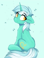 Size: 3000x4000 | Tagged: safe, artist:stravy_vox, lyra heartstrings, pony, unicorn, g4, abstract background, eye clipping through hair, eyebrows, eyebrows visible through hair, female, frown, high res, looking at you, looking back, looking back at you, mare, rear view, signature, simple background, sitting, solo