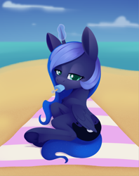 Size: 1778x2247 | Tagged: safe, artist:dusthiel, princess luna, alicorn, pony, atg 2022, beach, beach towel, cloud, female, food, glowing, glowing horn, horn, lidded eyes, magic, mare, newbie artist training grounds, popsicle, solo