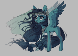 Size: 2100x1500 | Tagged: safe, artist:shore2020, oc, oc only, oc:aqua borealis, pegasus, pony, colored wings, ear piercing, earring, jewelry, piercing, simple background, solo, two toned wings, veil, windswept mane, wings