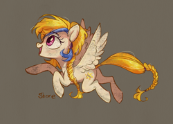 Size: 2100x1500 | Tagged: safe, artist:shore2020, golden feather, princess celestia, pegasus, pony, g4, spoiler:comic, spoiler:comic65, braid, braided tail, disguise, female, gray background, mare, simple background, solo, tail