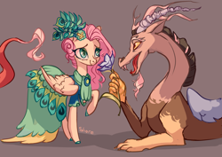 Size: 4093x2894 | Tagged: safe, artist:shore2020, discord, fluttershy, draconequus, pegasus, pony, g4, make new friends but keep discord, clothes, dress, duo, duo male and female, eyebrows, female, flower, gala dress, gray background, high res, looking at each other, looking at someone, male, mare, raised hoof, raised leg, shadow, ship:discoshy, shipping, signature, simple background, smiling, smiling at each other, straight