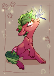 Size: 2894x4093 | Tagged: safe, artist:shore2020, oc, oc only, dragonfly, earth pony, insect, pony, brown background, female, freckles, glowing, green mane, high res, insect on nose, looking up, mare, open mouth, raised hoof, red coat, simple background, sitting, solo, yellow eyes
