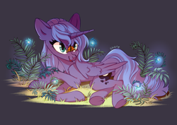 Size: 4093x2894 | Tagged: safe, artist:shore2020, princess luna, alicorn, butterfly, pony, g4, admiral (butterfly), butterfly on nose, female, fern, high res, insect on nose, lying down, mare, plant, s1 luna, smiling, solo, underhoof