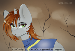 Size: 2000x1350 | Tagged: safe, artist:henneysee86, artist:new_henneysee86, oc, oc only, oc:littlepip, pony, unicorn, fallout equestria, cigarette, clothes, cloud, female, jumpsuit, mare, smoking, solo, tree, vault suit, ych example, your character here