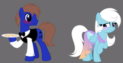 Size: 3363x1733 | Tagged: safe, artist:feather_bloom, oc, oc only, oc:blue_skies, oc:feather bloom(fb), oc:feather_bloom, earth pony, pegasus, pony, alternate universe, blushing, bowtie, clothes, dress, duo, ear piercing, earring, food, forbidden love, heart, heart eyes, jewelry, piercing, platter, server, simple background, waiter, wingding eyes